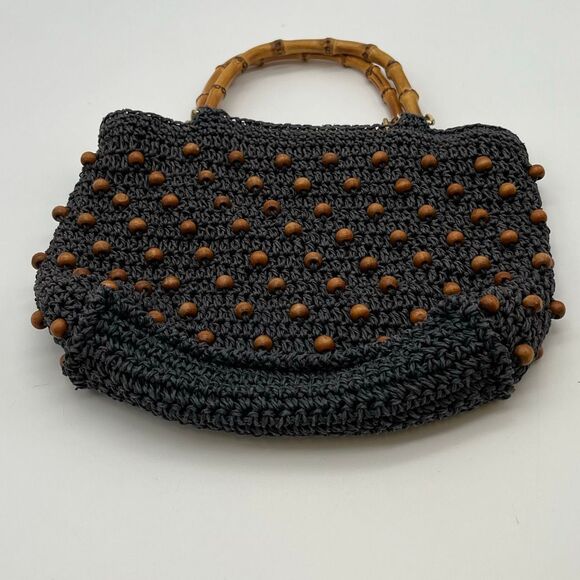 Crochet Handbag Black Beaded Bamboo Handle Boho Purse Zip Top Retro Bag Artisan - Picture 3 of 6
